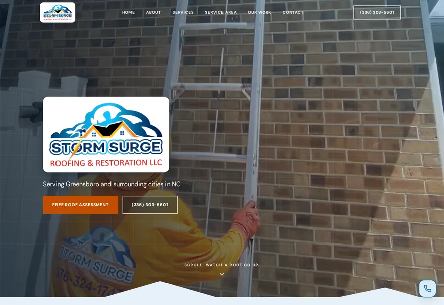 Roofing website build. Storm Surge Roofing, Greensboro NC.