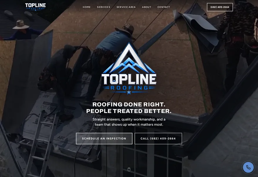 Roofing website build. TopLine Roofing, Dallas TX.