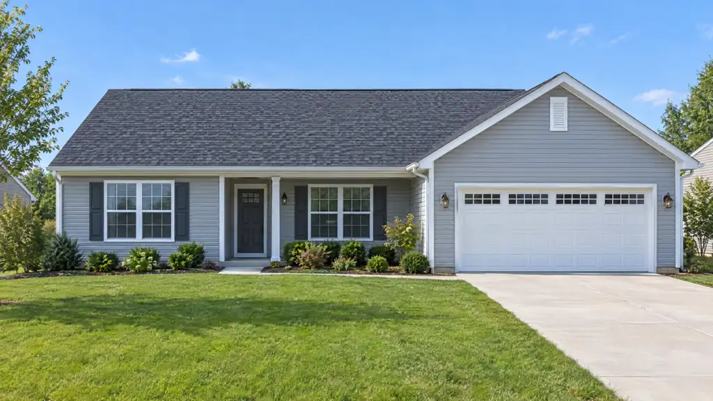 A house with a finished shingle roof, after a roof replacement